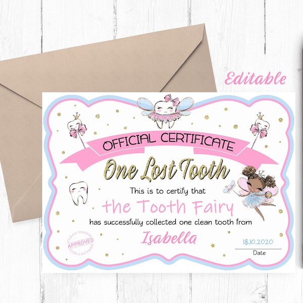 EDITABLE Black Tooth Fairy Certificate, Tooth Fairy Certificate Editable, Tooth Fairy Certificate Instant Download, Tooth Fairy Record,