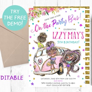 Black Girls Party Bus Invitation, Party Bus Birthday Party Invitation, Party Bus Party Editable Template, Party Bus Instant Template, Text,