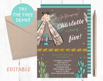 Editable Teepee Instant Template, Teepee Birthday Party Invitation, Glamping Invitation, Glamping Birthday Party Invitation, Camping Invite,