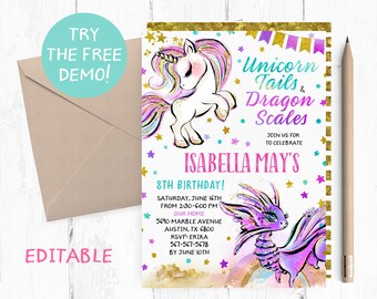 Unicorn and Dragon Birthday Invitation, Magical Party (Instant Download)
