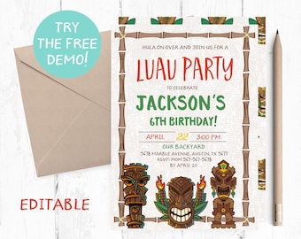 Tiki Luau Birthday Invitation, Hawaiian Party Invites (5x7in, PDF)