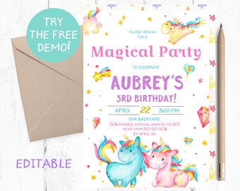 Unicorn Invitation, Unicorn Birthday Invitation, Unicorn Birthday Party, Unicorn Invitations, Unicorn  invites, Unicorn themed party, magic