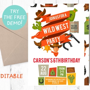 Cowboy Birthday Invitations, Cowboy Birthday Invitation,  Western Invitations, Western Birthday Party, Wild West themed party, Southwest,