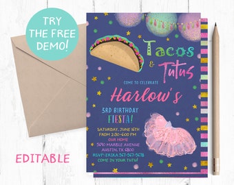 Tacos and Tutus Birthday Invitation, Tutus and Tacos Invitations, Tacos Tutus Invites, Tutus Tacos Invite, Tutus Tacos Birthday Party Invite