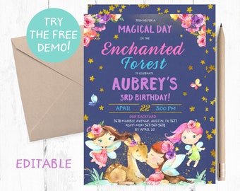 Enchanted Forest Birthday Invitation, Woodland Fairies Party (PDF)