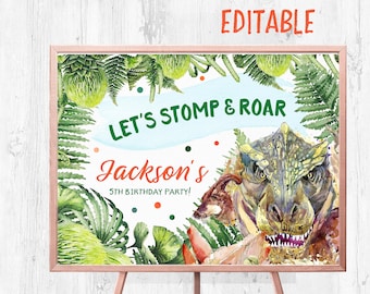 Editable Dinosaur Birthday Backdrop, Watercolor Sign (18x13 inches)
