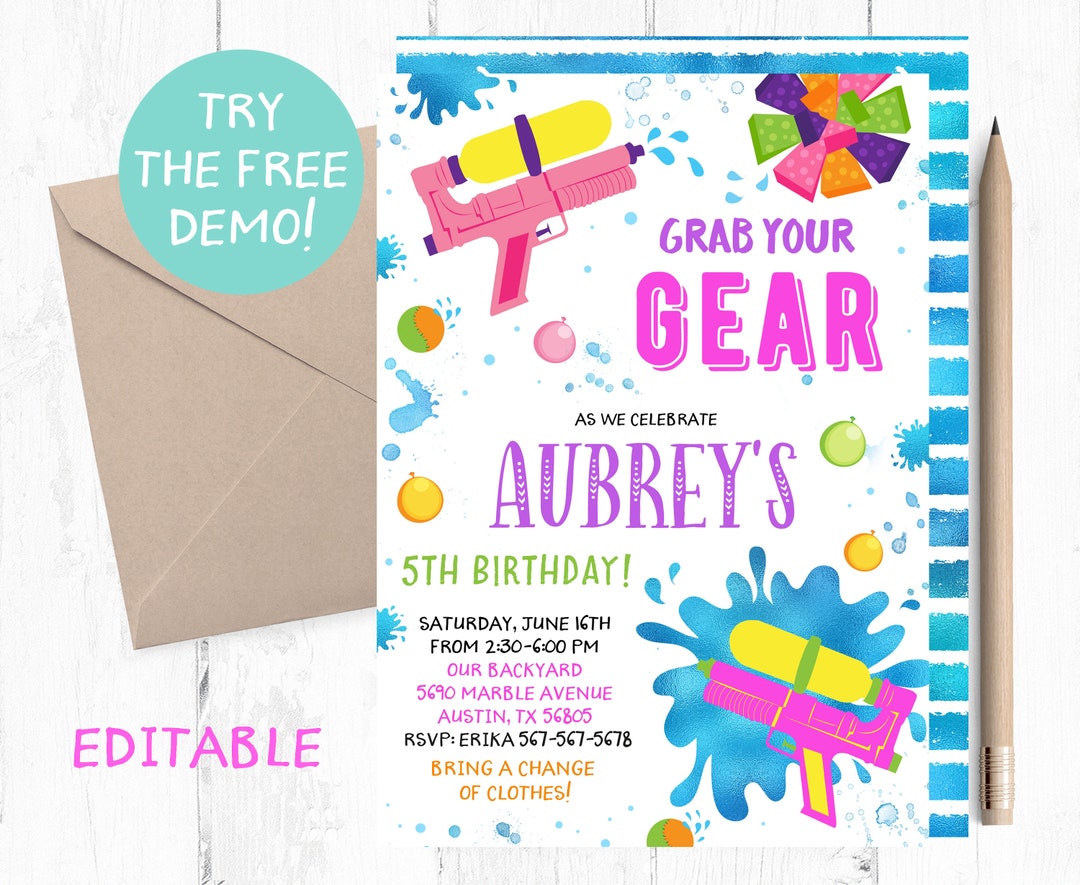 Water Gun Invitation Girl Water Gun Invitations Let's Etsy