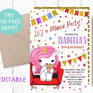 Editable Unicorn Movie Invitation, Movies Invitation Template, Movie Party Editable Template, Movie Party Instant Download, Movie Printable,