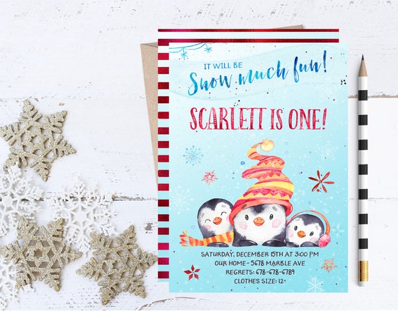 snow much fun invitation penguin invitations winter birthday etsy