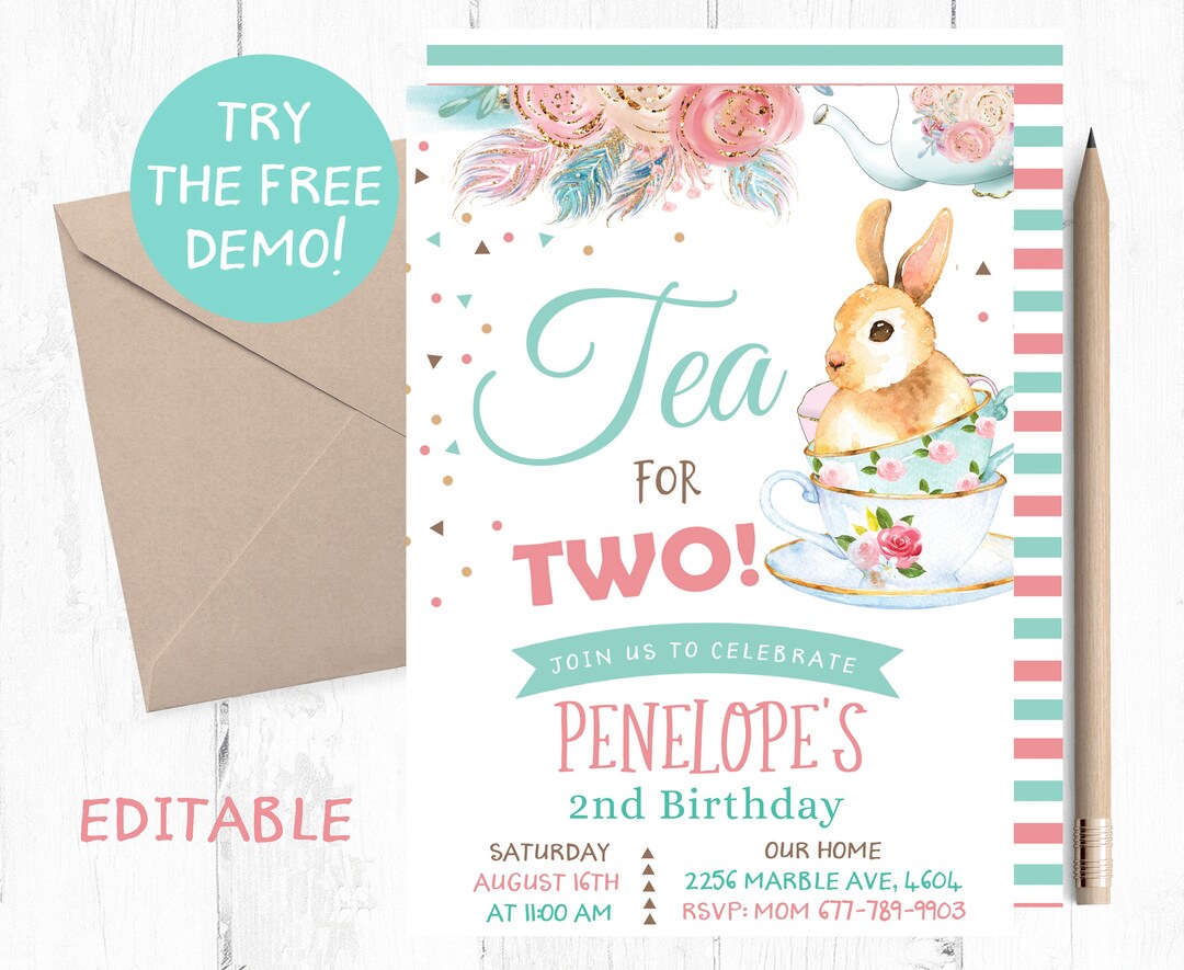 Bunny Tea for TWO Invitation, Spring Tea for Two Template, Bunny Tea