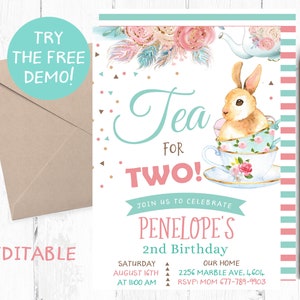 Bunny Tea for TWO Invitation, Spring Tea for Two Template, Bunny Tea for TWO Instant Invitation, Tea Second Birthday Party, Editable, Text,