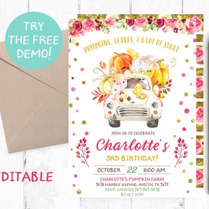 May include: A printable invitation for a 3rd birthday party with a watercolor illustration of a car carrying pumpkins, a pig, a sheep, and a chick. The text on the invitation reads "Join us to celebrate Charlotte's 3rd Birthday!" and includes the date, time, and location of the party.