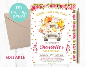 Fall Farm Animals Birthday Invitation, Pumpkin Patch Invite (5x7 inches)