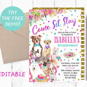 Editable Puppy Picnic, Puppy Picnic Invitation Template, Editable Invitation Picnic, Come Sit Stay Party, Puppy Picnic Instant Download,