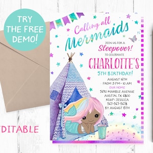 Editable Black Mermaid Teepee Invitation, Black Mermaid Sleepover Invitation, Black Mermaid Slumber Party Invitation, Mermaid Tepee Template