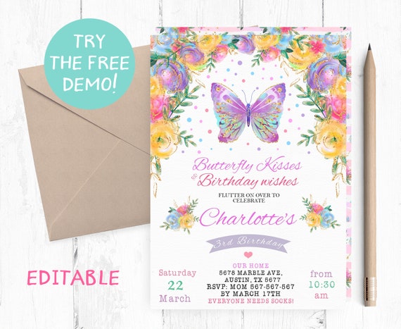 Editable Purple Butterfly Invitation Butterflies Birthday   Etsy 日本