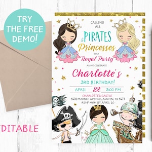 Editable Princesses and Pirates Invitation, Princess Pirate Birthday Party, Princesses and Pirates Invitation Instant Download, Template,