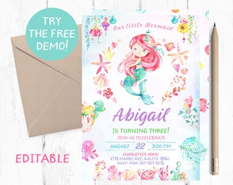 Mermaid Birthday Invitation, Mermaid Invitations, Pool Party Invitations, Mermaid Birthday Party, Under the sea birthday Invitation, Invite,