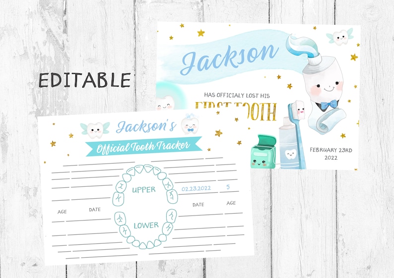 May include: A printable tooth tracker chart with a blue and white color scheme. The chart has a tooth diagram with spaces to record the date and age when a tooth is lost. The chart is titled "Jackson's Official Tooth Tracker".