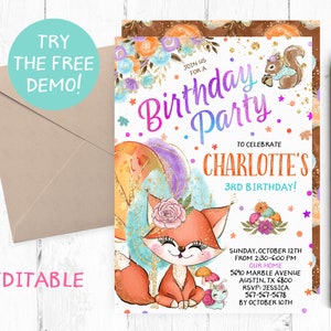 Editable Woodland Fox Invitation, Fall Fox Invitation, Fall Woodland Birthday Party, Fox Editable Template, Fox Invite, Fox Woodland Instant
