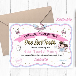 EDITABLE Brunette Tooth Fairy Certificate, Tooth Fairy Certificate Editable, Tooth Fairy Certificate Instant Download, Tooth Fairy Record,