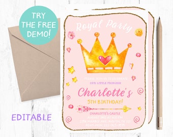 Princess Birthday Invitation, Royal Party, Editable (PDF)