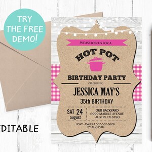 Puede incluir: Una invitación de cumpleaños con un diseño de papel kraft, con el texto "Hot Pot Birthday Party" y detalles para el 35 cumpleaños de Jessica May. Incluye un patrón de cuadros rosa y luces de cadena. La invitación es editable.