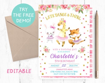 Dancing Animals Invitation, Ballerina Animals Invitation, Ballerina Printable Birthday Invitation, Ballerina Invites, Dancing Invitations,