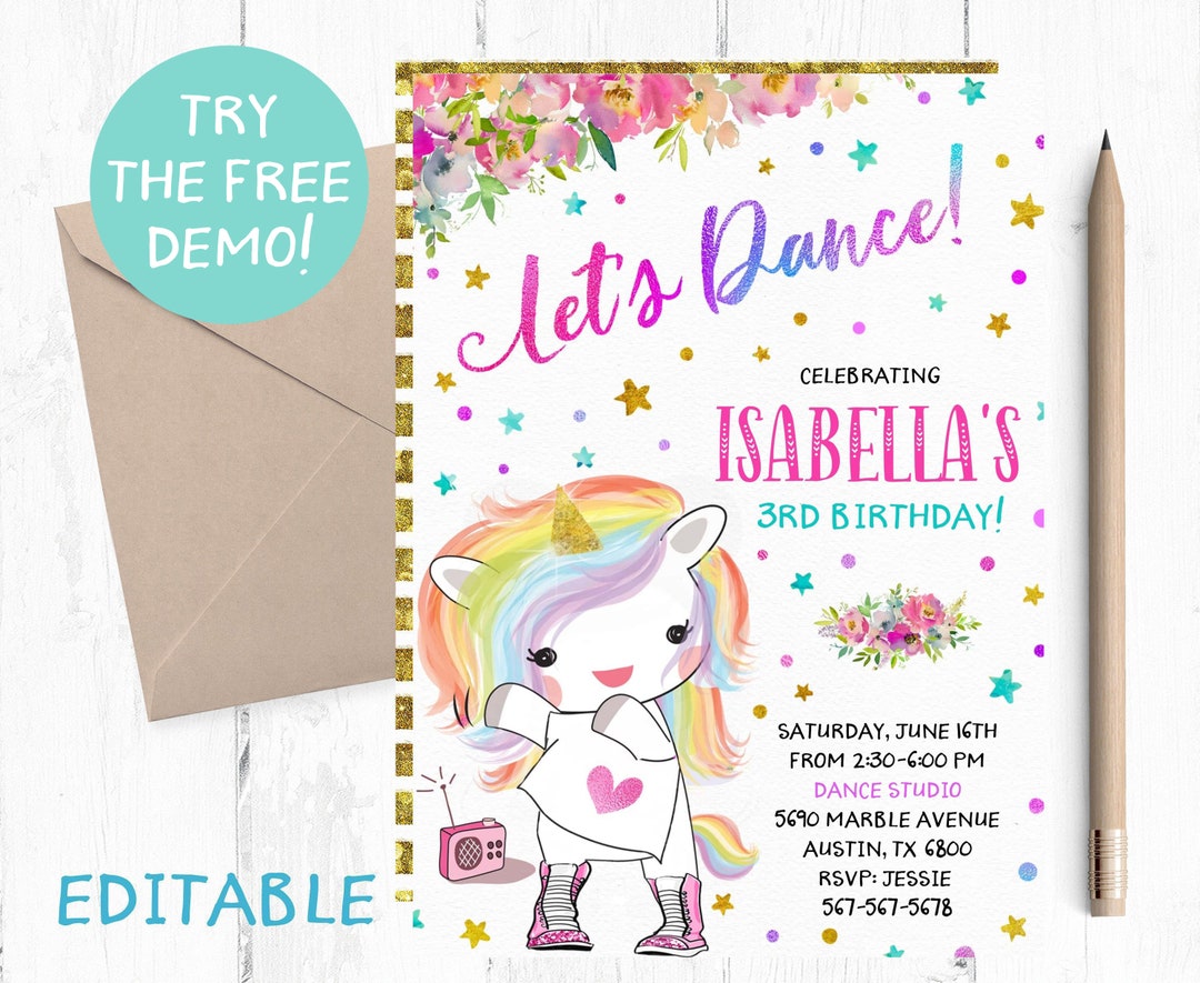 Editable Magical Dancing Party, Editable Unicorn Dance Party, Dance ...