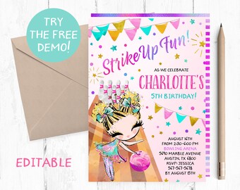 Editable Bowling Template, Blonde Girl Bowling Invitation, Bowling Birthday Party Invitation, Bowling Party Invite, Bowling Instant Download