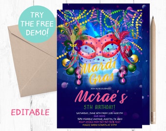 Mardi Grass Invitation, Mardi Grass Party Invitations, Carnival Birthday Invitation, Carnival Birthday Party, Masquerade Invitation, Invites