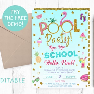 Editable End Of the School Pool Party, End of the School Invitation, End of the School Party Template, Pool School Party Invitation,