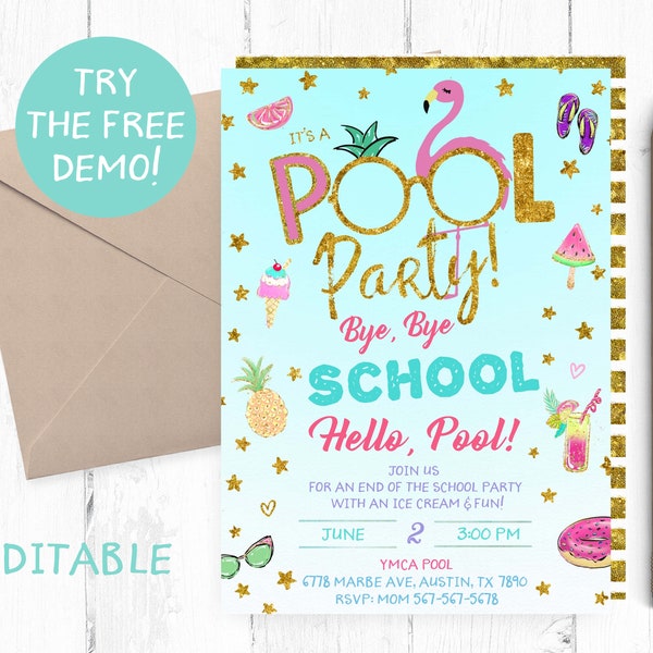 Editable End Of the School Pool Party, End of the School Invitation, End of the School Party Template, Pool School Party Invitation,