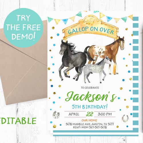 Horse Invitations Pony Birthday Invitation Cowboy Birthday Etsy