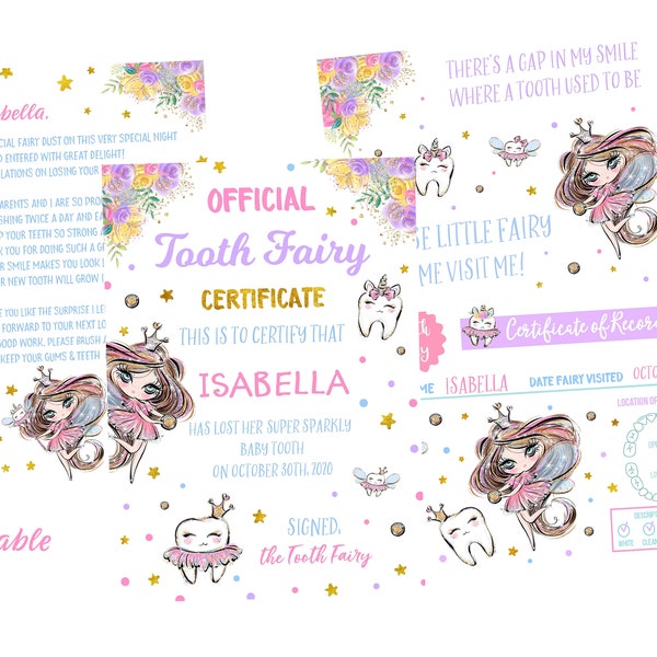 EDITABLE Brunette Tooth Fairy Set, Tooth Fairy Editable Certificate, Editable Tooth Fairy Letter, Tooth Fairy Record, Tooth Fairy Receipt,