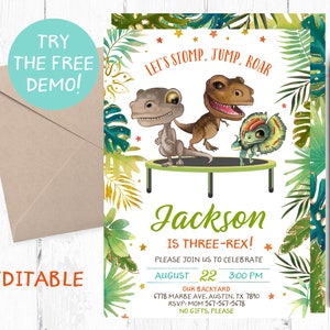 Editable Dinosaur Trampoline Invitation, Boy Dinosaur Jump Invitation, Boy Dinosaur Trampoline Instant Template, Jumping Dinosaur Invitation