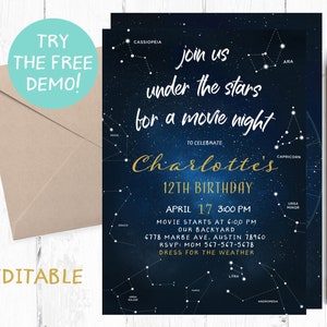Backyard Movie Night Invitation, Movie Night Birthday Invitations, Under the stars Invitation, Stars Invite, Movie Night invites,