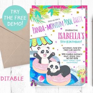 Puede incluir: Una colorida invitación a una fiesta en la piscina con el texto "Panda-monium Pool Party" y "¡5º Cumpleaños de Isabella!" Dos pandas flotan en flotadores con forma de rosquilla en una piscina. Diseño tropical en rosa y verde.