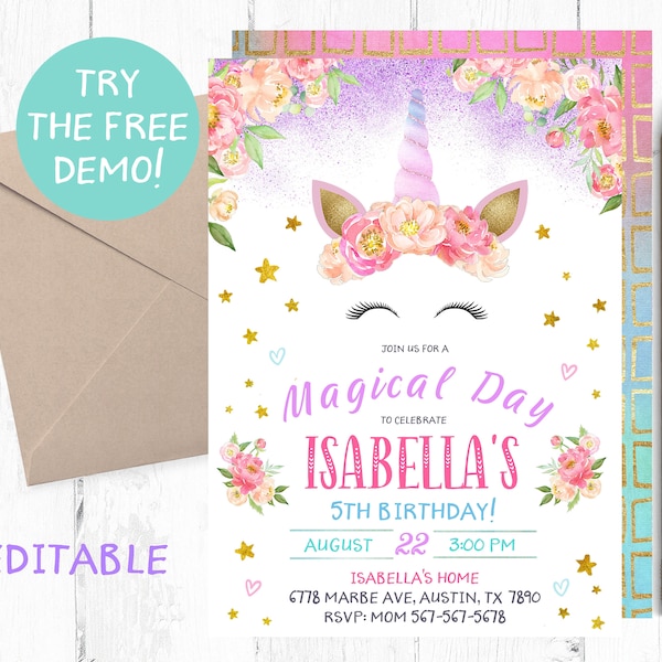 Floral Unicorn Birthday Invitation, Editable Template (PDF or JPEG)