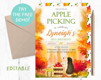 Apple Picking Birthday Invitation, Orchard Party (5x7 inches) (PDF)