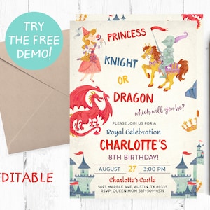 Royal Birthday Invitation Template, Princess Knight and Dragon Invitation, Royal Birthday Party Invitation, Royal Party Editable Invitation,