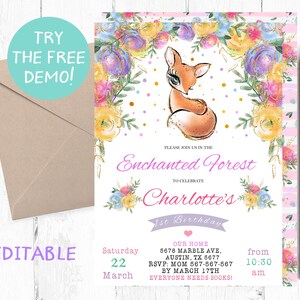 May include: A pink and white invitation with a watercolor floral border. The invitation is for a 1st birthday party for Charlotte. The text reads "Please join us in the Enchanted Forest to celebrate Charlotte's 1st Birthday". The invitation also includes the date, time, and location of the party.