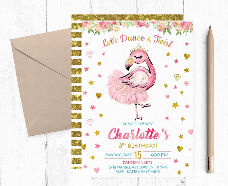 Flamingo Ballerina Invitations Flamingo Ballerina Birthday Etsy
