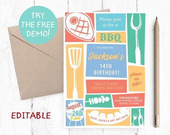 Editable BBQ Birthday Party Invitation Template (5x7 inch)