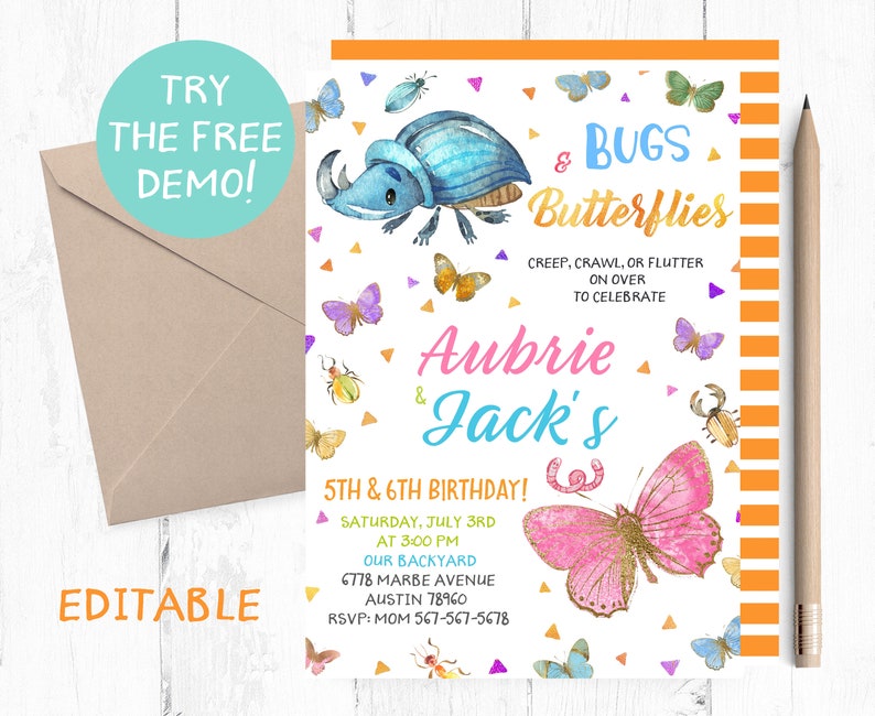 Bugs and Butterflies Birthday Invitation, Joint Party (printable) - Etsy