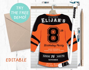 Editable Black Orange Jersey Hockey Invitation, Hockey Editable Template, Hockey Instant Invitation Template, Hockey Instant Invite,Texting,