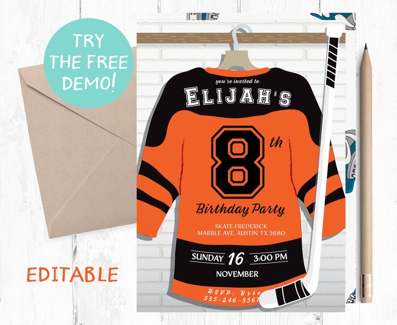 Editable Black Orange Jersey Hockey Invitation, Hockey Editable Template, Hockey Instant Invitation Template, Hockey Instant Invite,Texting, image 1