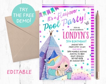 Mermaid Sleepover Invitation, Mermaid Slumber Party Invitations, Mermaid Teepee Invitation, Sleepover Pool Party Invitation, Slumber Pool,