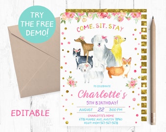 Girl Puppy Birthday Invitation, Dog Party, Floral (PDF)