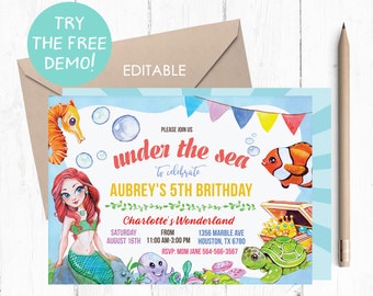 Mermaid Birthday Invitation, Under the Sea Party (Digital Download)
